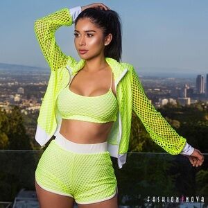 Fashion Nova Set shorts and jacket neon fishnet workout athletic wear XS